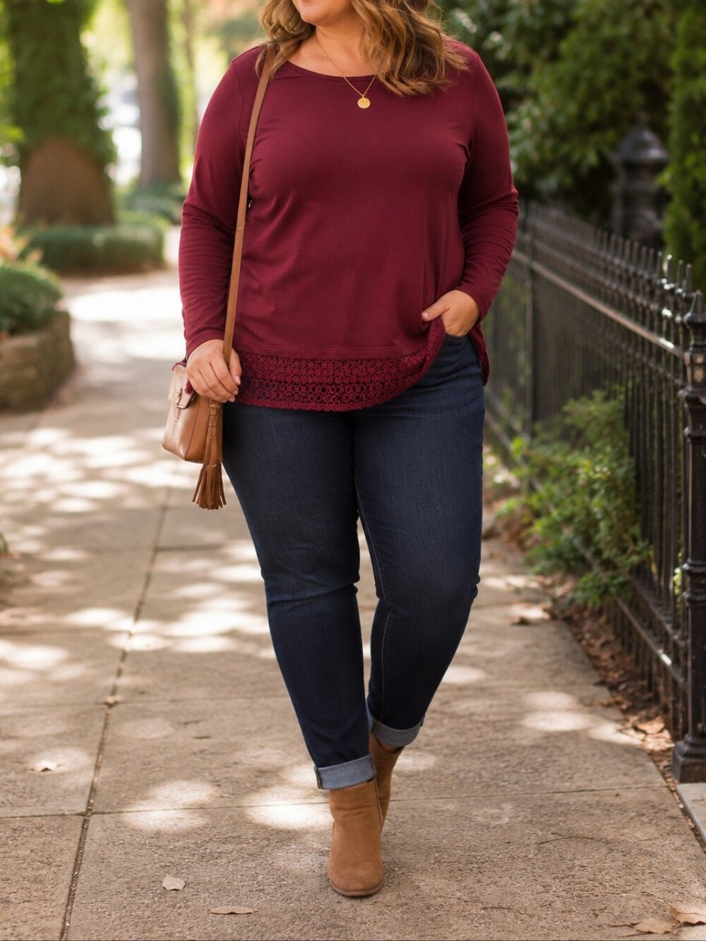 Karen Scott Plus Size Wine Burgundy 100% Cotton Lace Hem Long Sleeve Top Casual